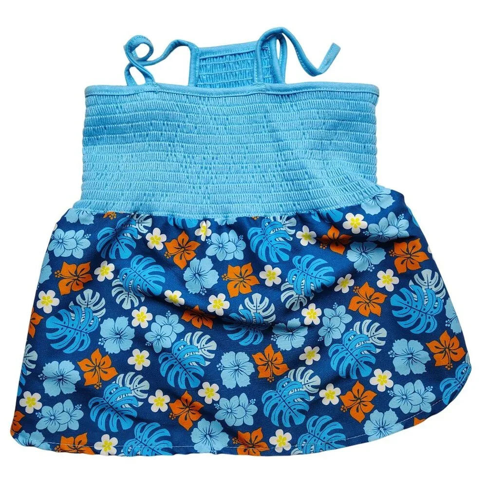 Pet Apparel XL Tropical Floral Blue Dress For Dogs With Stretchy Smocked Bodice
